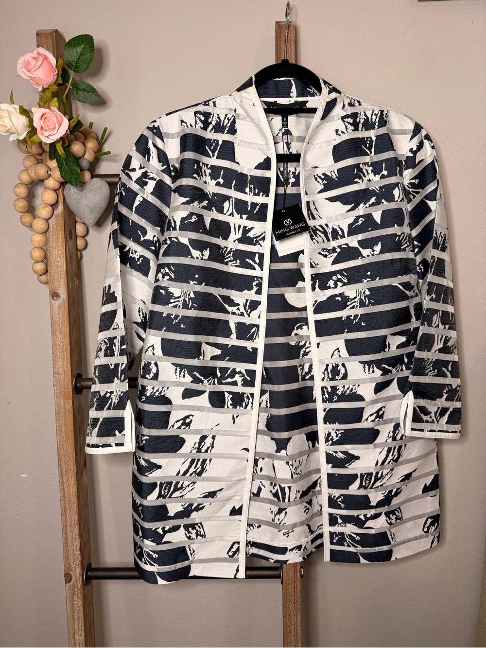 Ming Wang NWT Open-Front Printed Blazer Navy White Size Small